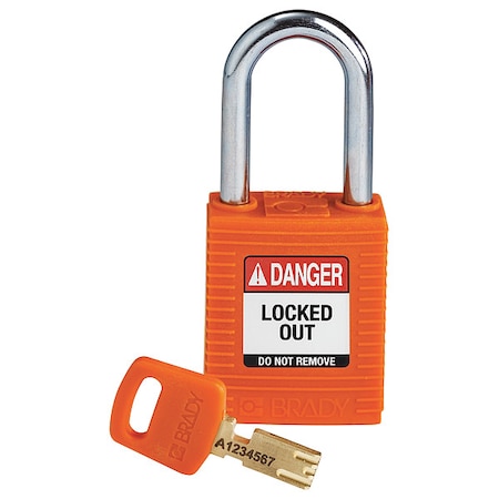 Brady Lockout Padlock, Keyed Different, Nylon, Orange, 1 1/2 in Shackle Height, 1 1/2 in Body Width NYL-ORG-38ST-KD