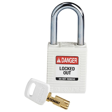 Brady Lockout Padlock, Keyed Different, Nylon, White, 1 1/2 in Shackle Height, 1 1/2 in Body Width NYL-WHT-38ST-KD