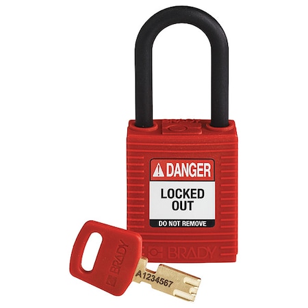 Brady Lockout Padlock, Keyed Different, Nylon, Red, 1 1/2 in Shackle Height, 1 1/2 in Body Width NYL-RED-38PL-KD