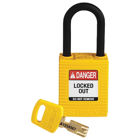 Brady Lockout Padlock, Keyed Different, Nylon, Yellow, 1 1/2 in Shackle Height, 1 1/2 in Body Width NYL-YLW-38PL-KD