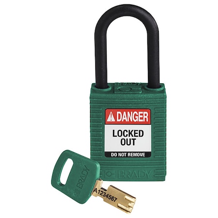 Brady Lockout Padlock, Keyed Different, Nylon, Green, 1 1/2 in Shackle Height, 1 1/2 in Body Width NYL-GRN-38PL-KD