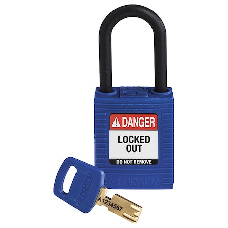 Brady Lockout Padlock, Keyed Different, Nylon, Blue, 1 1/2 in Shackle Height, 1 1/2 in Body Width NYL-BLU-38PL-KD