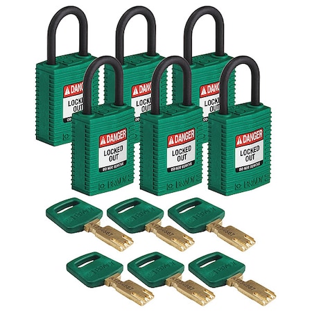 Brady Lockout Padlock, Keyed Alike, Nylon, Green, 1 in Shackle Height, 1 1/4 in Body Width, 6 No. of Keys CPT-GRN-25PL-KA6PK