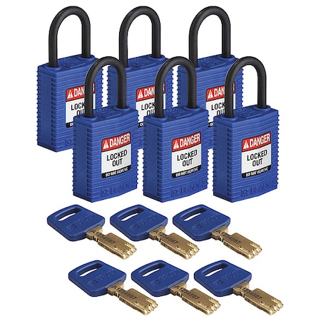 Brady Lockout Padlock, Keyed Different, Nylon, Blue, 1 in Shackle Height, 1 1/4 in Body Width, 6 PK CPT-BLU-25PL-KD6PK