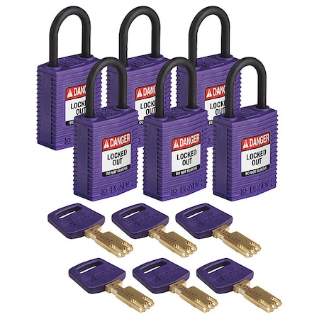 Brady Lockout Padlock, Keyed Alike, Nylon, Purple, 1 in Shackle Height, 1 1/4 in Body Width, 6 PK CPT-PRP-25PL-KA6PK