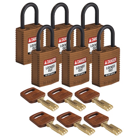 Brady Lockout Padlock, Keyed Different, Nylon, Brown, 1 in Shackle Height, 1 1/4 in Body Width, 6 PK CPT-BRN-25PL-KD6PK