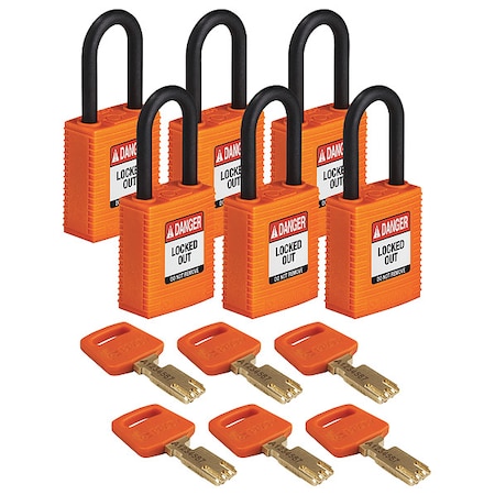 Brady Lockout Padlock, Open, Rectangular Plastic Body, Plastic Shackle, 13/16 in W, 6 PK NYL-ORG-38PL-KD6PK