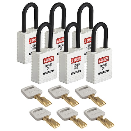 Brady Lockout Padlock, Keyed Different, Nylon, White, 1 1/2 in Shackle Height, 1 1/2 in Body Width, 6 PK NYL-WHT-38PL-KD6PK
