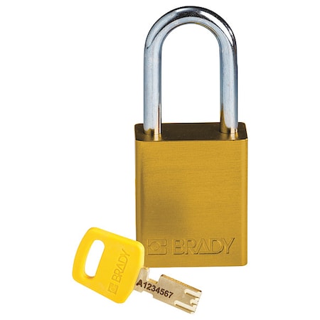 Brady Lockout Padlock, Keyed Different, Aluminum, Yellow, 1 1/2 in Shackle Height, 1 1/2 in Body Width ALU-YLW-38ST-KD