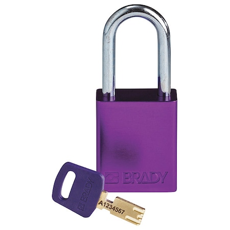 Brady Lockout Padlock, Keyed Different, Aluminum, Purple, 1 1/2 in Shackle Height, 1 1/2 in Body Width ALU-PRP-38ST-KD