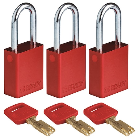 Brady Lockout Padlock, Keyed Alike, Aluminum, Red, 1 1/2 in Shackle Height, 1 1/2 in Body Width, 3 PK ALU-RED-38ST-KA3PK