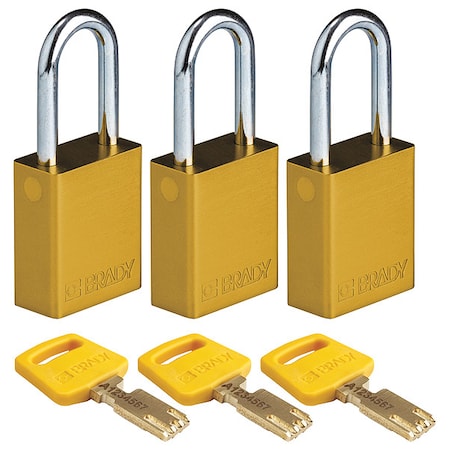Brady Lockout Padlock, Keyed Alike, Aluminum, Yellow, 1 1/2 in Shackle Height, 1 1/2 in Body Width, 3 PK ALU-YLW-38ST-KA3PK