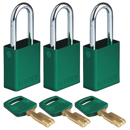 Brady Lockout Padlock, Keyed Alike, Aluminum, Green, 1 1/2 in Shackle Height, 1 1/2 in Body Width, 3 PK ALU-GRN-38ST-KA3PK