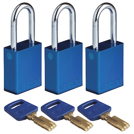 Brady Lockout Padlock, Keyed Alike, Aluminum, Blue, 1 1/2 in Shackle Height, 1 1/2 in Body Width, 3 PK ALU-BLU-38ST-KA3PK