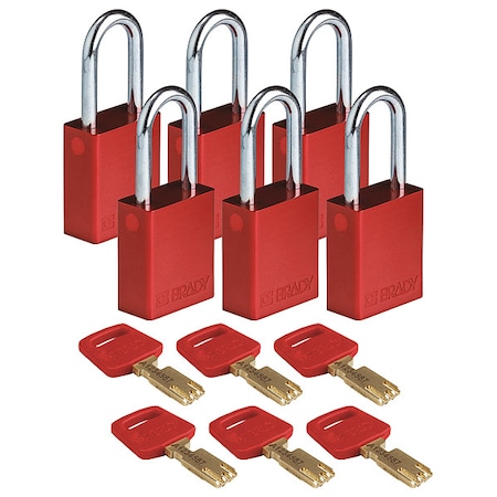 Brady Lockout Padlock, Keyed Alike, Aluminum, Red, 1 1/2 in Shackle Height, 1 1/2 in Body Width, 6 PK ALU-RED-38ST-KA6PK