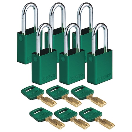 Brady Lockout Padlock, Keyed Different, Aluminum, Green, 1 1/2 in Shackle Height, 1 1/2 in Body Width ALU-GRN-38ST-KD6PK