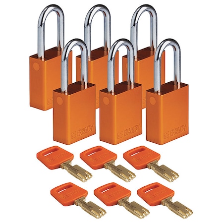 Brady Lockout Padlock, Keyed Different, Aluminum, Orange, 1 1/2 in Shackle Height, 1 1/2 in Body Width ALU-ORG-38ST-KD6PK