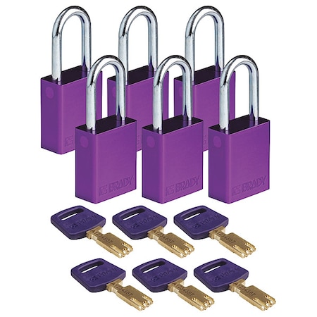 Brady Lockout Padlock, Keyed Alike, Aluminum, Purple, 1 1/2 in Shackle Height, 1 1/2 in Body Width, 6 PK ALU-PRP-38ST-KA6PK