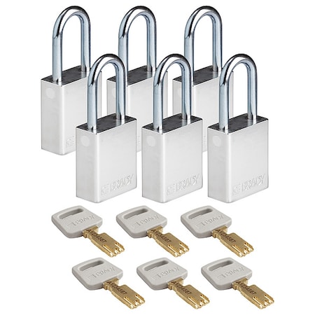 Brady Lockout Padlock, Keyed Different, Aluminum, Silver, 1 1/2 in Shackle Height, 1 1/2 in Body Width ALU-SLV-38ST-KD6PK