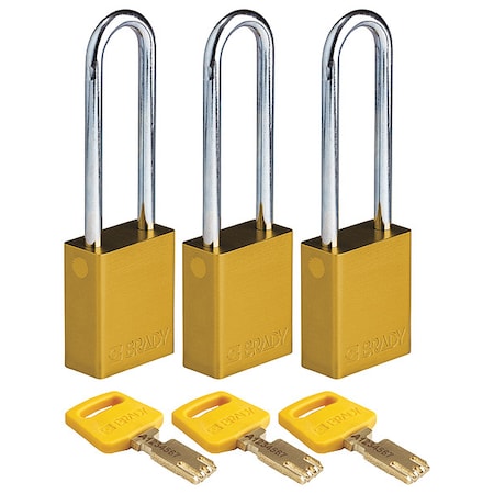 Brady Lockout Padlock, Keyed Alike, Aluminum, Yellow, 3 in Shackle Height, 1 1/2 in Body Width, 3 PK ALU-YLW-76ST-KA3PK
