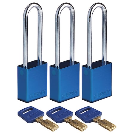 Brady Lockout Padlock, Keyed Alike, Aluminum, Blue, 3 in Shackle Height, 1 1/2 in Body Width, 3 PK ALU-BLU-76ST-KA3PK