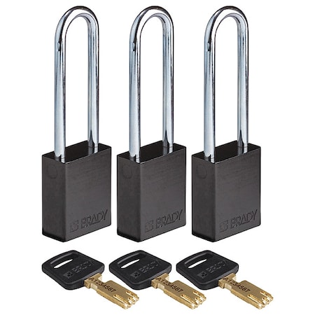 Brady Lockout Padlock, Keyed Alike, Aluminum, Black, 3 in Shackle Height, 1 1/2 in Body Width, 3 PK ALU-BLK-76ST-KA3PK