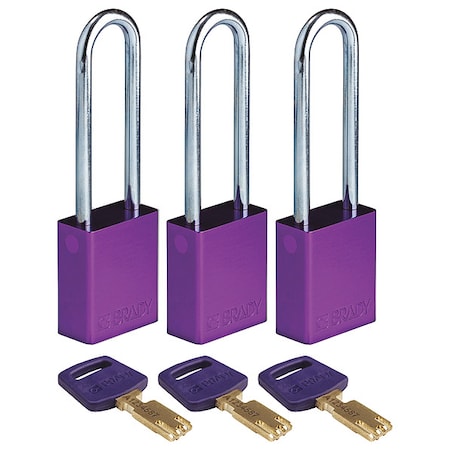 Lockout Padlock, Keyed Alike, Aluminum, Purple, 3 in Shackle Height, 1 1/2 in Body Width, 3 PK