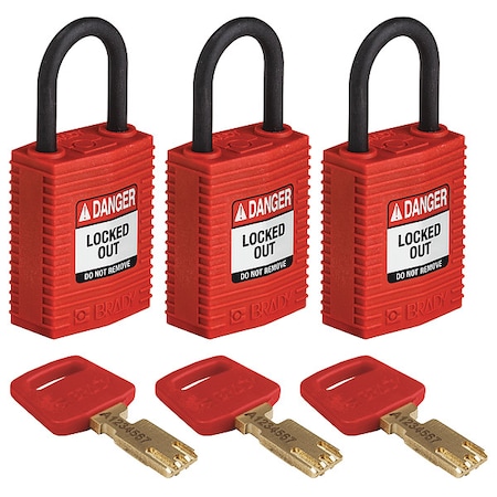 Brady Lockout Padlock, Keyed Alike, Nylon, Red, 1 in Shackle Height, 1 1/4 in Body Width, 3 No. of Keys CPT-RED-25PL-KA3PK