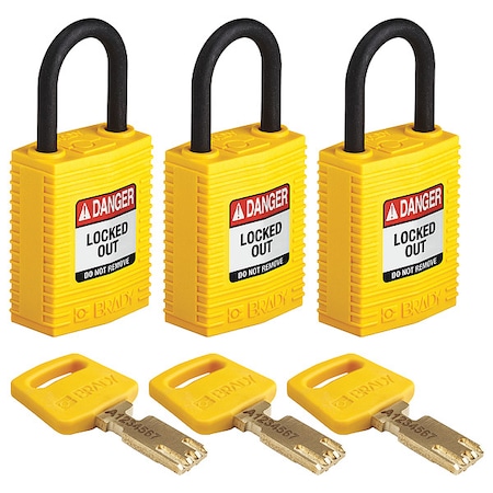 Brady Lockout Padlock, Keyed Alike, Nylon, Yellow, 1 in Shackle Height, 1 1/4 in Body Width, 3 PK CPT-YLW-25PL-KA3PK