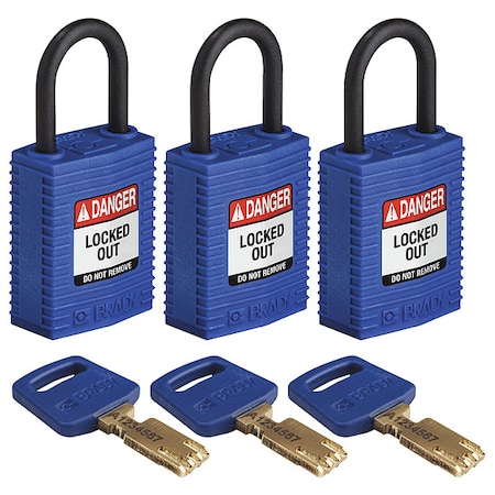 Brady Lockout Padlock, Keyed Alike, Nylon, Blue, 1 in Shackle Height, 1 1/4 in Body Width, 3 No. of Keys CPT-BLU-25PL-KA3PK