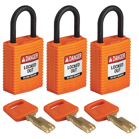 Brady Lockout Padlock, Keyed Alike, Nylon, Orange, 1 in Shackle Height, 1 1/4 in Body Width, 3 PK CPT-ORG-25PL-KA3PK