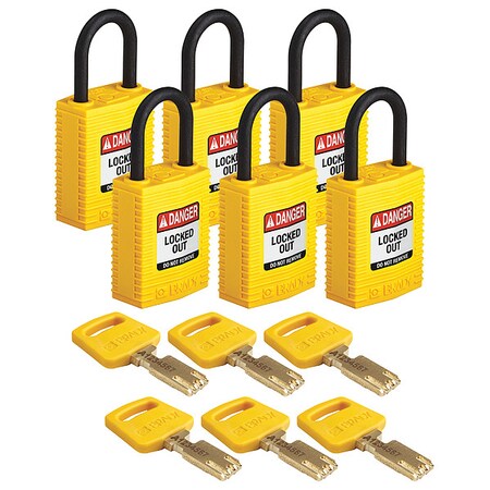Brady Lockout Padlock, Keyed Different, Nylon, Yellow, 1 in Shackle Height, 1 1/4 in Body Width, 6 PK CPT-YLW-25PL-KD6PK