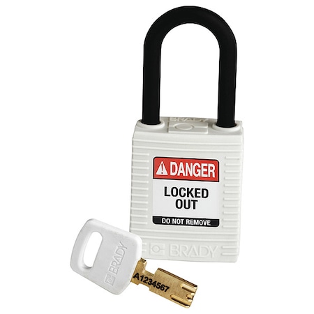 Brady Lockout Padlock, Keyed Different, Nylon, White, 1 1/2 in Shackle Height, 1 1/2 in Body Width NYL-WHT-38PL-KD