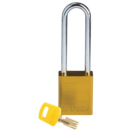 Brady Lockout Padlock, Keyed Different, Aluminum, Yellow, 3 in Shackle Height, 1 1/2 in Body Width ALU-YLW-76ST-KD