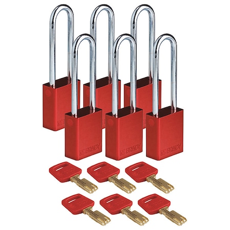 Brady Lockout Padlock, Keyed Different, Aluminum, Red, 3 in Shackle Height, 1 1/2 in Body Width, 6 PK ALU-RED-76ST-KD6PK