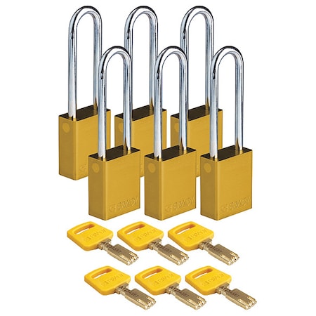 Brady Lockout Padlock, Keyed Different, Aluminum, Yellow, 3 in Shackle Height, 1 1/2 in Body Width, 6 PK ALU-YLW-76ST-KD6PK