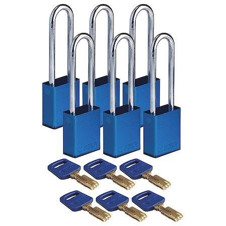 Brady Lockout Padlock, Keyed Different, Aluminum, Blue, 3 in Shackle Height, 1 1/2 in Body Width, 6 PK ALU-BLU-76ST-KD6PK