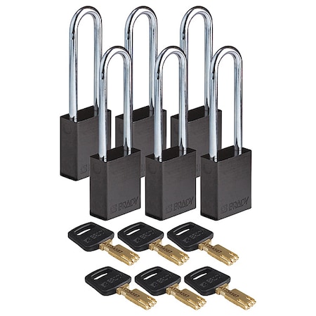 Brady Lockout Padlock, Keyed Alike, Aluminum, Black, 3 in Shackle Height, 1 1/2 in Body Width, 6 PK ALU-BLK-76ST-KA6PK