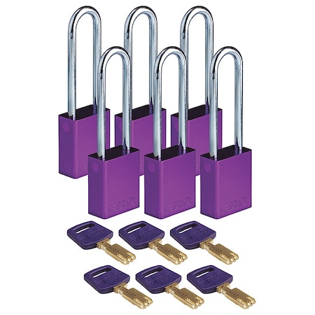 Brady Lockout Padlock, Keyed Alike, Aluminum, Purple, 3 in Shackle Height, 1 1/2 in Body Width, 6 PK ALU-PRP-76ST-KA6PK