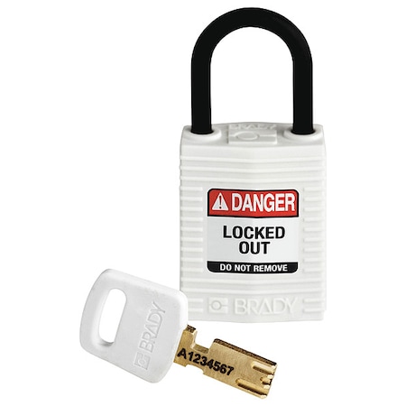 Brady Lockout Padlock, Keyed Different, Nylon, White, 1 in Shackle Height, 1 1/4 in Body Width CPT-WHT-25PL-KD