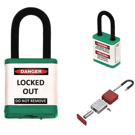 Zing Lockout Padlock, Keyed Different, Aluminum, Green, 1 1/2 in Shackle Height, 1 1/2 in Body Width 700KD-GREEN