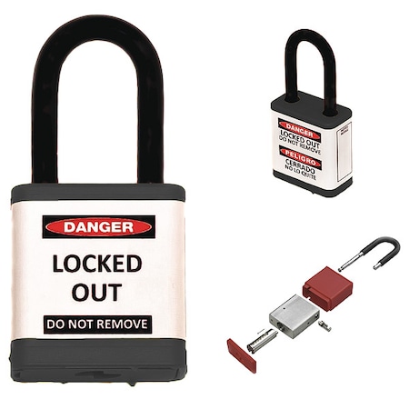 Zing Lockout Padlock, Keyed Different, Aluminum, Black, 1 1/2 in Shackle Height, 1 1/2 in Body Width 700KD-BLACK
