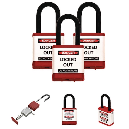Zing Lockout Padlock, Keyed Alike, Aluminum, Red, 1 1/2 in Shackle Height, 1 1/2 in Body Width, 3 PK 700KA3-RED