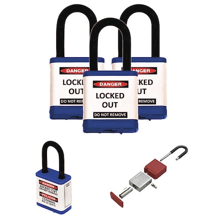 Zing Lockout Padlock, Keyed Alike, Aluminum, Blue, 1 1/2 in Shackle Height, 1 1/2 in Body Width, 3 PK 700KA3-BLUE