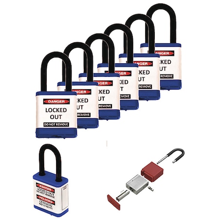 Zing Lockout Padlock, Keyed Alike, Aluminum, Blue, 1 1/2 in Shackle Height, 1 1/2 in Body Width, 6 PK 700KA6-BLUE