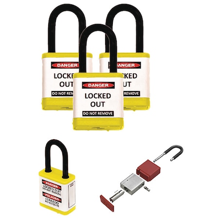 Zing Lockout Padlock, Keyed Alike, Aluminum, Yellow, 1 1/2 in Shackle Height, 1 1/2 in Body Width, 3 PK 700KA3-YELLOW