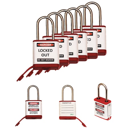 Zing Lockout Padlock, Keyed Alike, Aluminum, Red, 1 1/2 in Shackle Height, 1 1/2 in Body Width, 6 PK 800KA6-RED