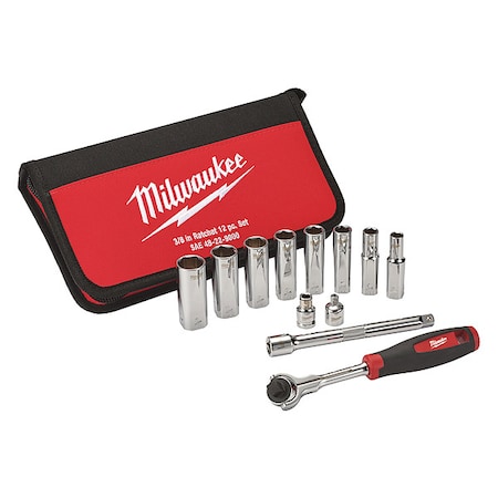 Milwaukee Tool 3/8 in Drive Socket Wrench Set SAE 12 Pieces 5/16 in to 3/4 in , Chrome 48-22-9000