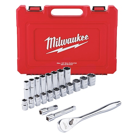 Milwaukee Tool 22 pc 1/2" Drive SAE Ratchet and Socket Set with FOUR FLAT Sides 48-22-9410