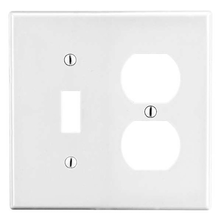 Hubbell Wiring Device-Kellems Toggle Switch/Duplex Receptacle Wall Plate, Number of Gangs: 2 Plastic, Satin Finish, White P18W